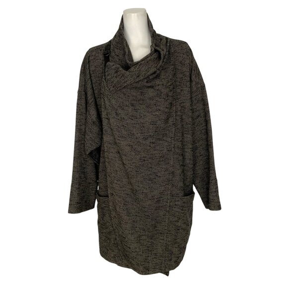 Eileen Fisher High Collar K/L Coat M/L Black Tweed Wool Blend Oversize Lagenlook - Picture 1 of 14